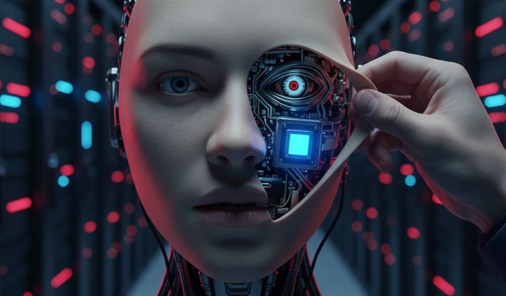 Image of an humanlike android whose mask is being taken care of to reveal the robotic nature