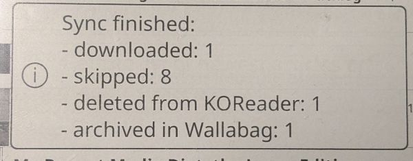 e-reader screen with KOReader Wallabag sync status