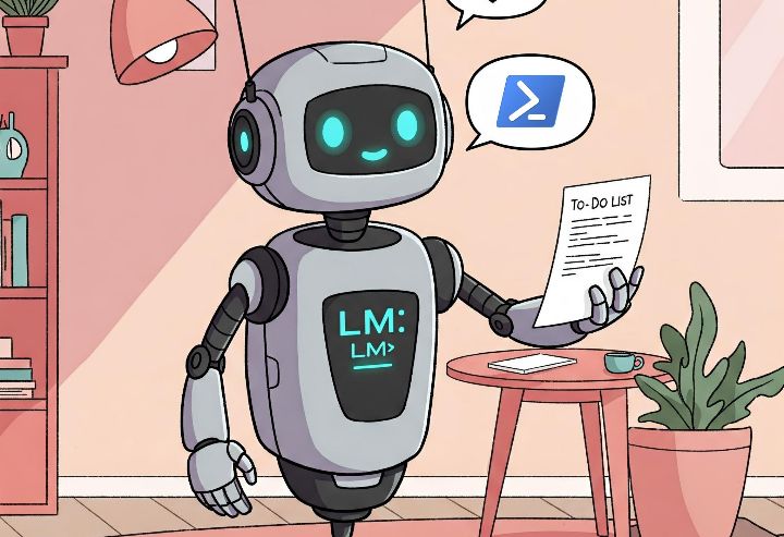 Robot holding a to-do list and producing Powershell code