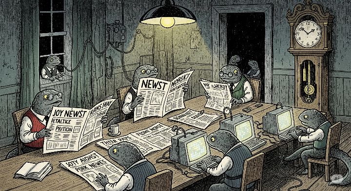 A drawing of several newts dressed up and studying newspapers or working at a computer